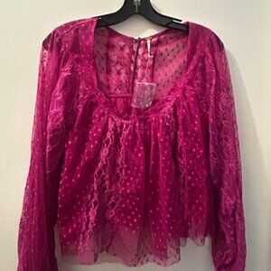 Free People A Little Love Sheer Magenta Floral Dot Lace Ruffle Romantic Top NEW